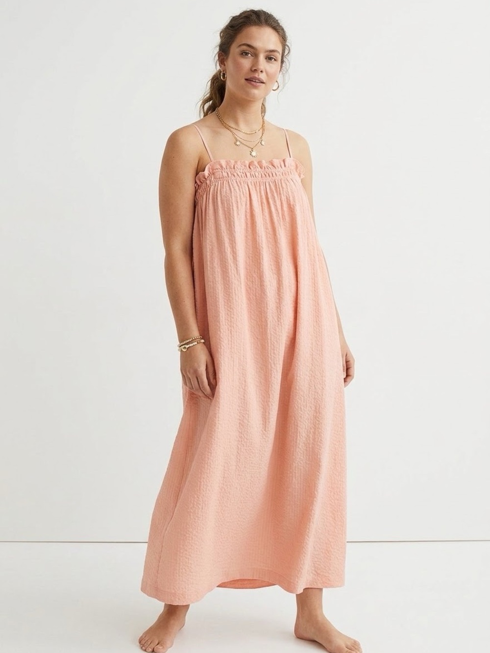 H&M Coral Peach Smocked Strap Dress